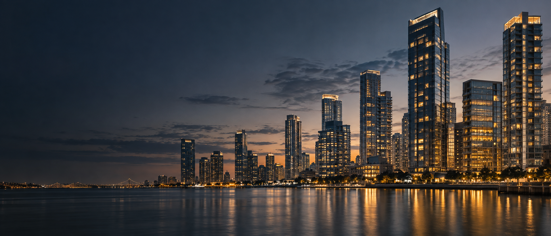 Illustrative modern residential and commercial skyline at dusk